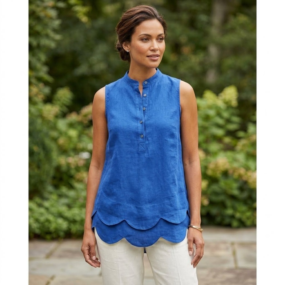 Sara Campbell Royal Blue 100% Linen Sleeveless Scallop‎ Hem Tunic Top Small USA